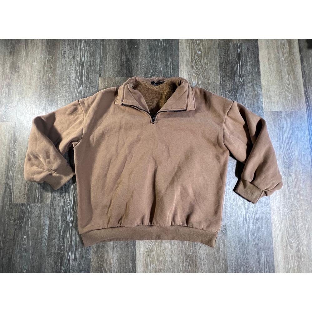 Trendy Queen Pullover Sweatshirt Womens L Brown Quarter Zip Fleece Oversized